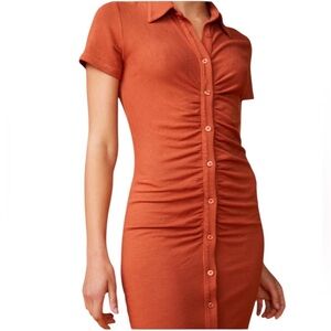 Monrow Supersoft Polo Shirred Faded Rust Short Sleeve Bodycon Dress Large